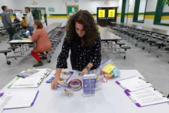 Deborah Calhoun sets up her questions for the Community at Reynolds Middle School. 