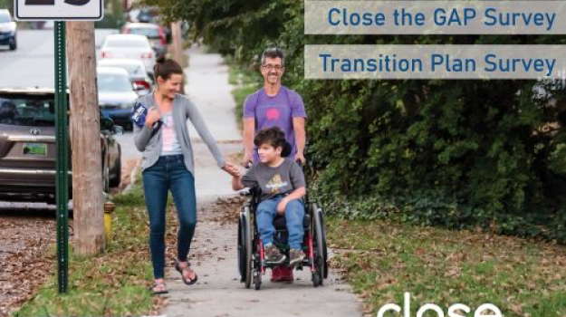 child and family navigating sidewalks with wheelchair